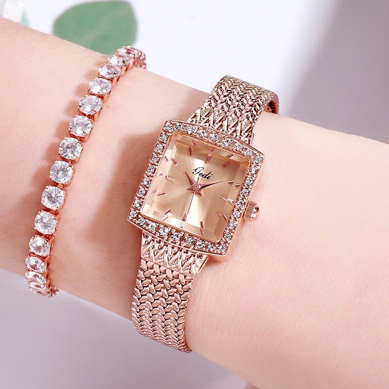 Jam tangan wanita persegi Retro berlian mewah perhiasan jam tangan kelas tinggi tali jaring jam tangan kuarsa wanita
