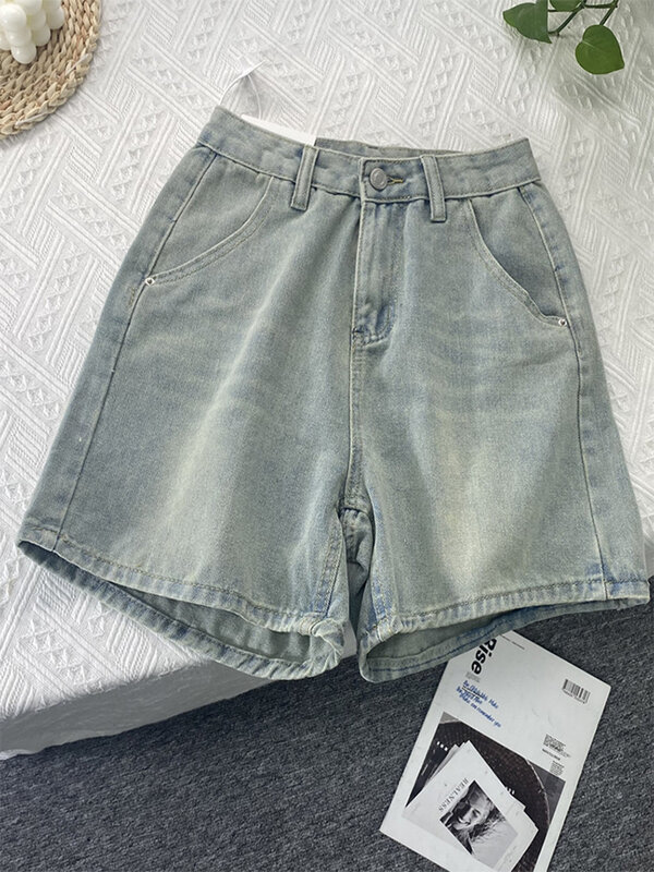 Pakaian celana pendek Denim biru wanita, celana pendek Jeans longgar kasual Korea pinggang tinggi seksi modis musim panas 2023