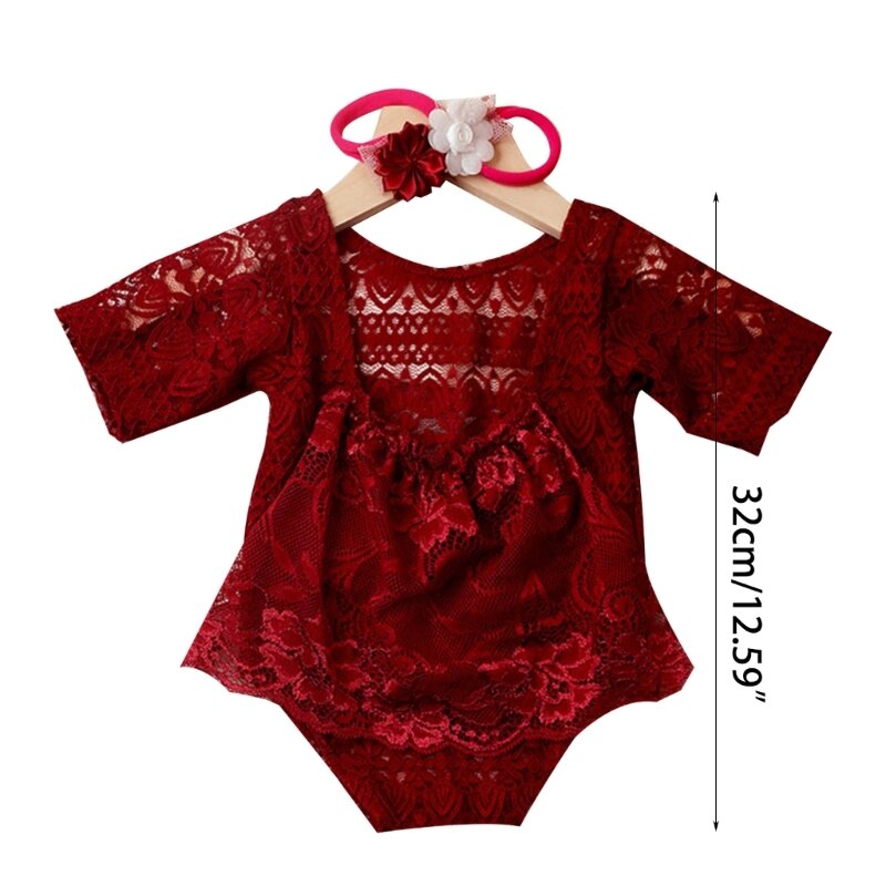 K1MA Baby Lace Romper Headpiece Photoshoot Costume Posing Wear 0-1M Infant Photo Suit