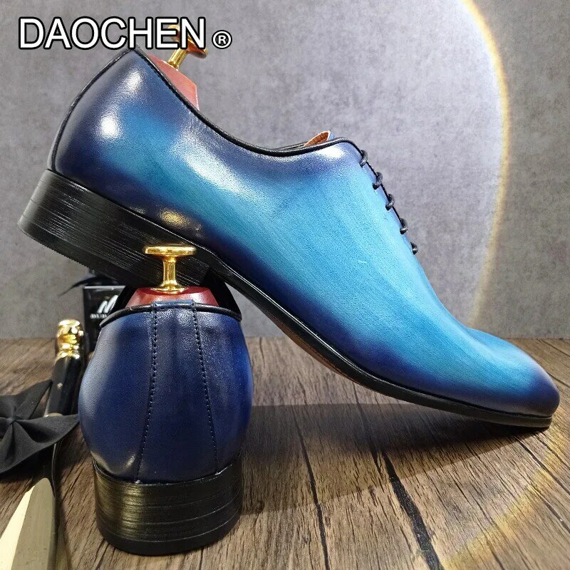 LUXURY BRAND MEN'S OXFORD SHOES LACE UP POINTED TOE BLUE BLACK FORMAL DRESS MAN SHOES WEDDING BUSINESS LEATHER SHOES MEN