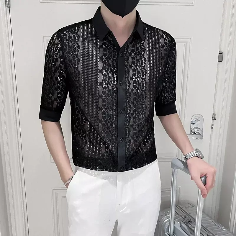 Moda Super personalità Hollow Lace camicia a maniche lunghe primavera estate camicia Casual uomo Solid Slim Nightclub Club Shirt Streetwear