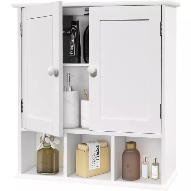 Настенный шкаф для ванной комнаты с 2 дверными регулируемыми полками, белые настенные шкафы для хранения лекарств на унитазе