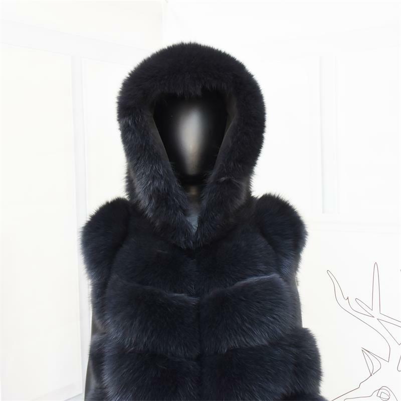 Chaleco de piel de zorro Real para mujer, de piel Natural abrigo largo, con capucha