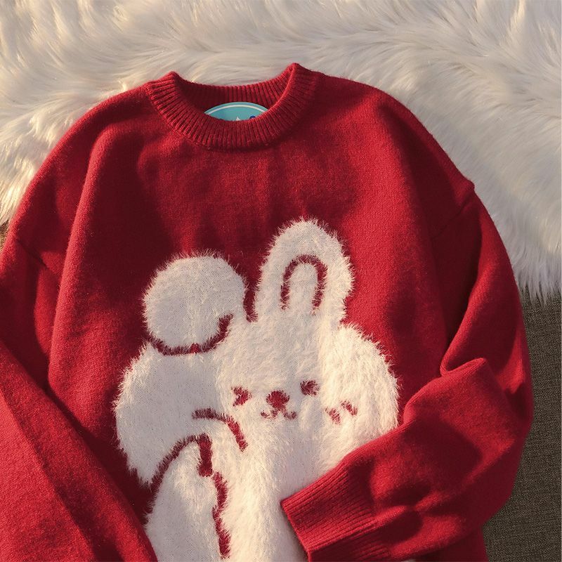 Sweter Rajut Preppy Kelinci Kartun Velveted Wanita Y2K Retro Harajuku Longgar Musim Panas Jaket Termal 2022 Musim Gugur Musim Dingin Pullover Baru