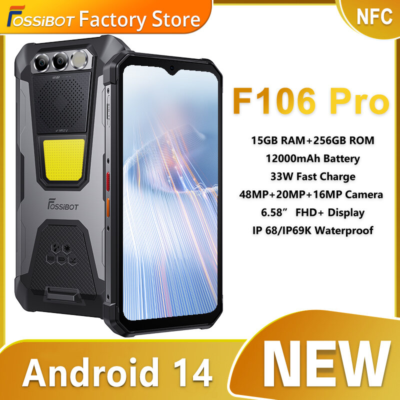 FOSSiBOT F106 PRO MTK G85,Android 14,15GB(8 + 7GB rozszerzony) 256GB wytrzymały smartfon ROM, 12000mAh bateria kamera 48MP, NFC