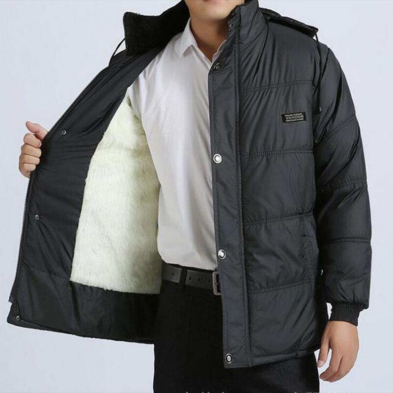 Men Coat Cotton Padded Long Sleeve Plush Lining Single Breasted Keep Warm Plus Size Drawstring Hood Formal Jacket Coat