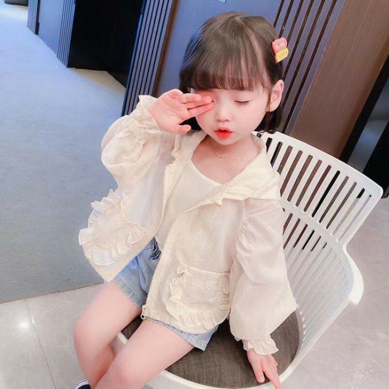 2-6Y Summer Toddler Girl Sunscreen Jacket Floral Pocket New Breathable Young Baby Girl Coat Long Sleeve Hooded Infant Girl Shirt