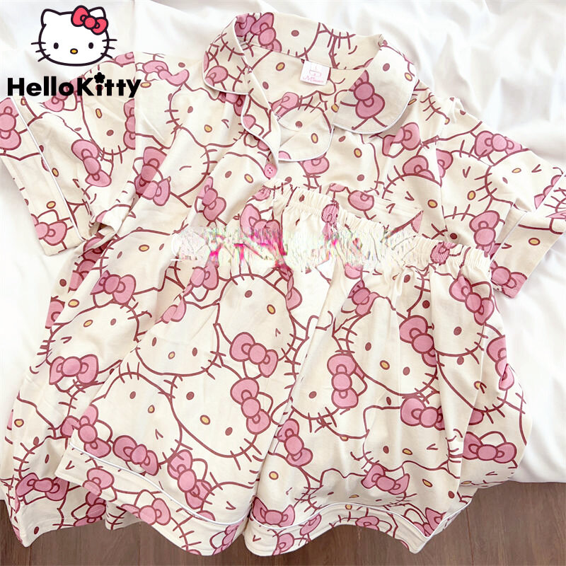 Sanrio Hello Kitty słodki zestaw krótka piżama dla kobiet Y2k luźny, typu Oversize różowa piżama nowa koreańska kreskówka zestaw do domu dla studentów