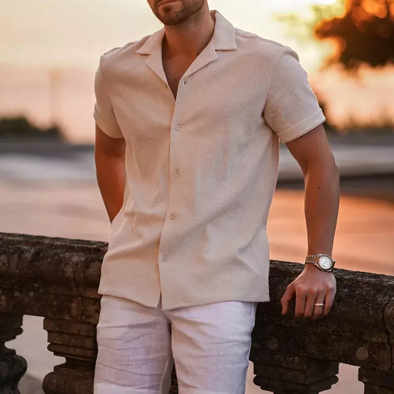 Camisa de malha abotoada com lapela masculina, manga curta, tops de cor sólida, roupa casual, tricô solto, moda vintage, verão