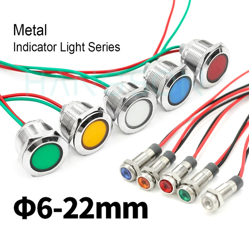 Luz indicadora de metal impermeável, lâmpada de sinal com fio, 12V, 24V, 110V, lâmpada piloto do traço, cabeça para o carro, barco, equipamento leve, 6mm