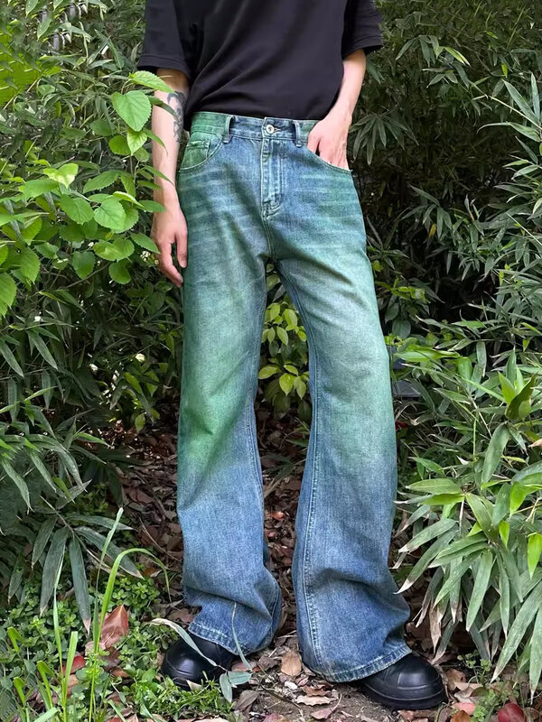 Red dachic Retro Green Wash Flare Jeans für Männer Clean Fit Whiskers Distressed entspannte Bootcut Denim Hose Y2k Harajuku Streetwear