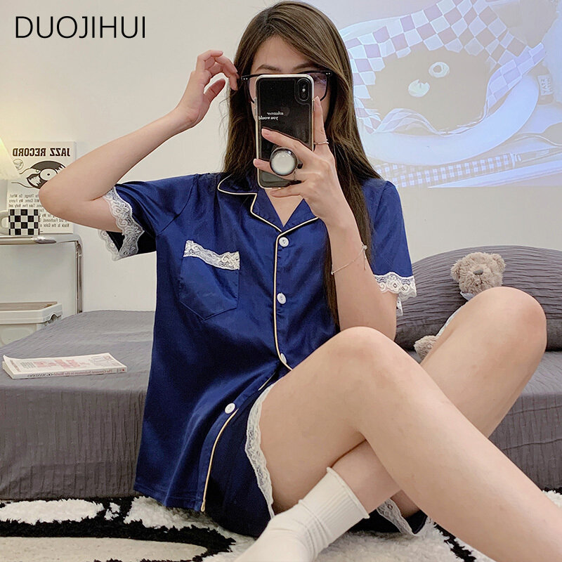 Duojihui-女性のためのルーズレースパジャマセット、シンプルカーディガンパンツ、女性のパジャマ、カジュアルファッション、家庭、夏、2ピース、X-5XL
