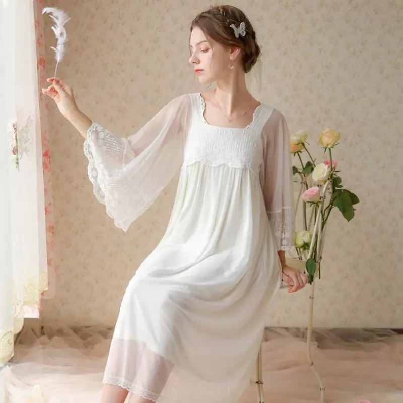 Vestido feminino de malha de renda bordado, pijamas manga comprida, camisolas vitorianas, pijamas princesa, branco doce