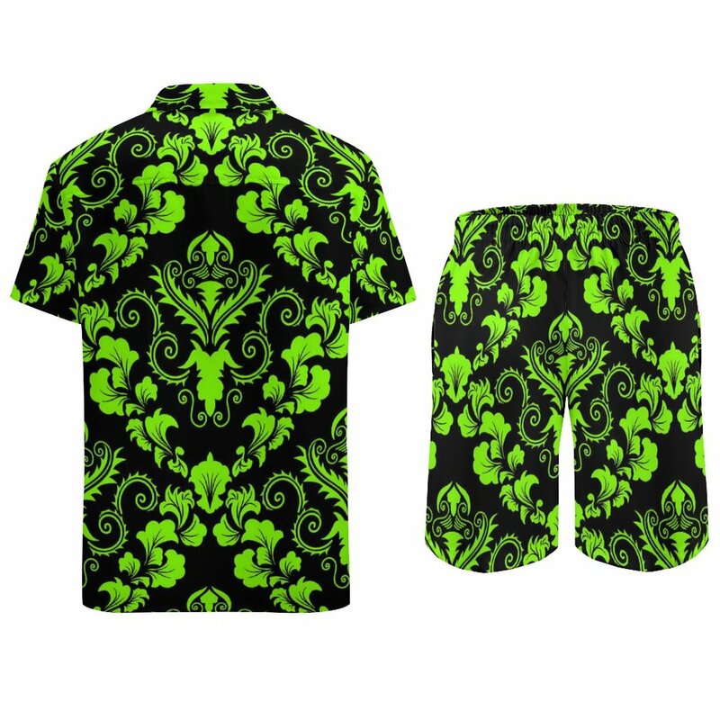 Зеленые, черные Дамасские мужские комплекты, Повседневная рубашка с ретро-принтом, эстетичные пляжные шорты, летний дизайнерский костюм, 2 предмета, женская одежда