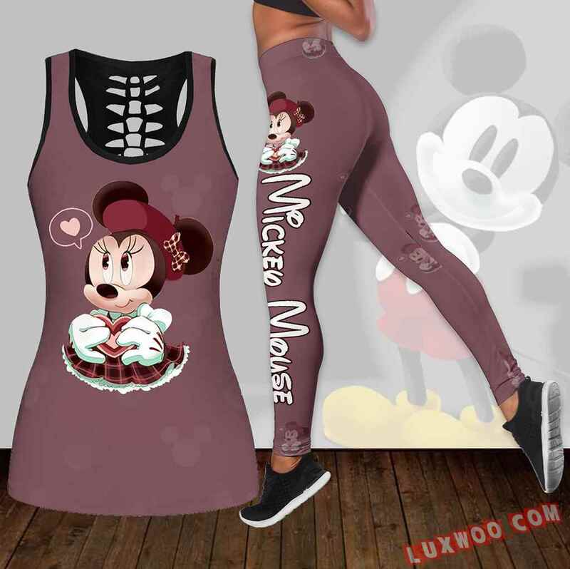 Disney Minnie Women's Hollow Vest + Women's Leggings Yoga Suit Fitness Leggings Sports Suit Disney Tank Top Legging Set Outfit