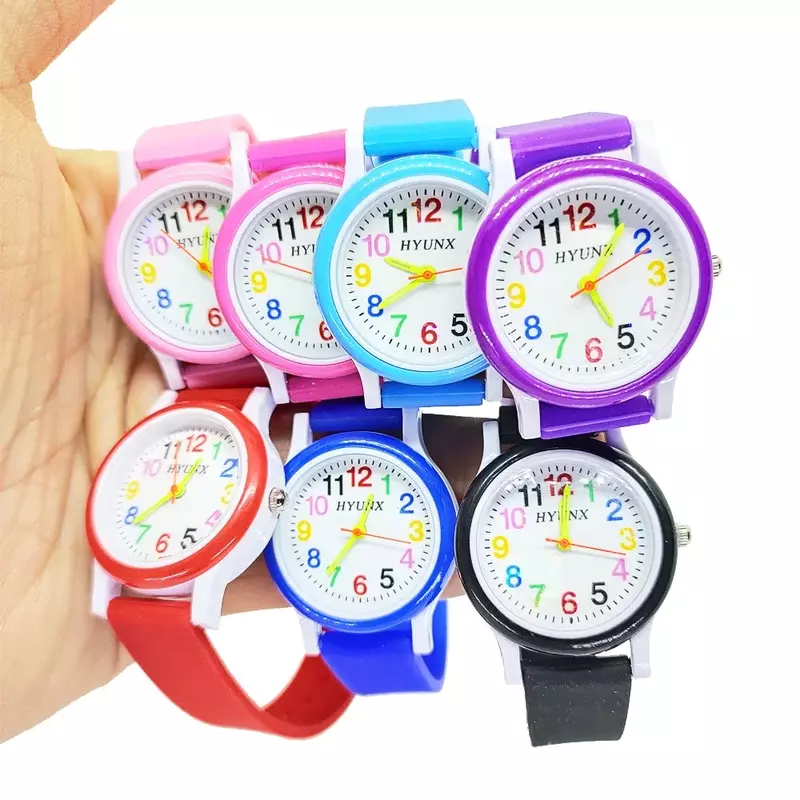 Jam tangan gelang anak-anak, jam tangan murid olahraga luar ruangan Quartz 9 warna Solid tali silikon 2024