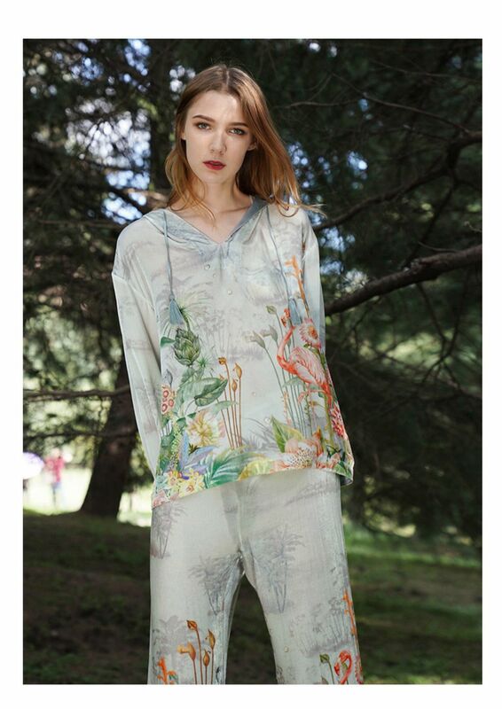 Birdtree-Conjunto de pijama de veludo seda real para mulheres, calça manga comprida com capuz, loungewear borla, respirável e conforto, outono, novo, S41443QD