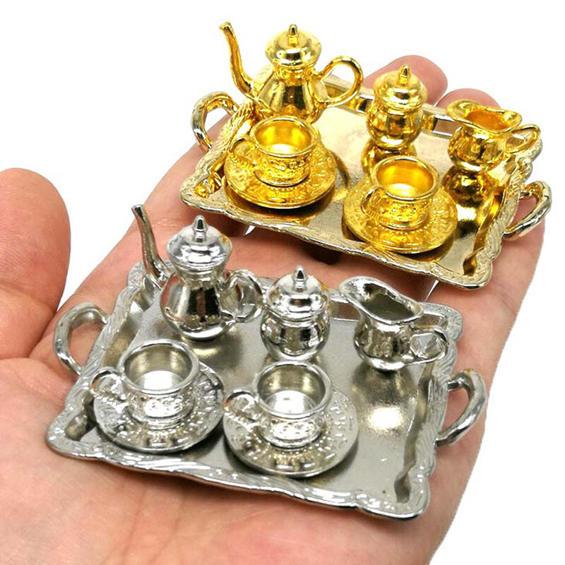 10 sztuk/zestaw Doll House miniaturowe metalowe herbaty lalki meble domowe miniaturowe naczynia kuchenne zabawki czajniczek Cup Plate