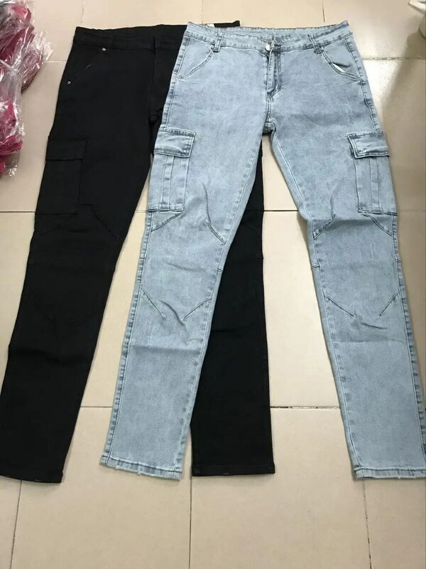 Fahsion Casual Jeans Herenbroek Wassen Effen Kleur Multi-Pockets Denim Mid Taille Cargo Jeans Plus Size Broek Mannelijk Dagelijks Gebruik