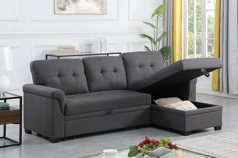 84-calowa rozkładana sofa segmentowa w kształcie litery L z szezlongiem i wysuwanym łóżkiem, pikowane oparcie lniane, dwustronna 3-osobowa