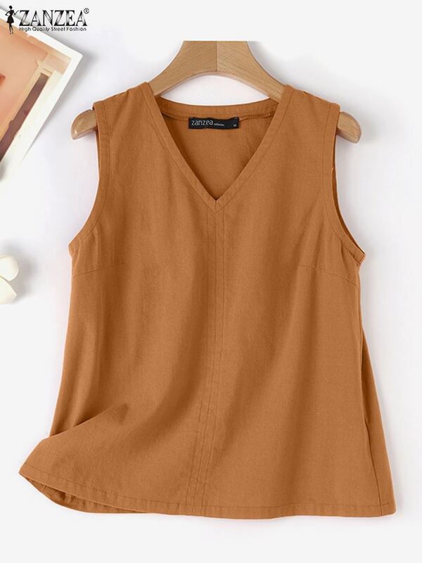 ZANZEA V Neck Daily Tees Solid Color Sleeveless Holiday Work Blouses Cotton Linen Women 2024 Summer Plain Tanks Casual Blusas