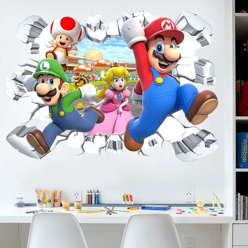 Super Mario Bro stiker mainan anak-anak kamar tidur Mario kartun merekat sendiri tahan air stiker dinding Anime periferal hadiah mainan