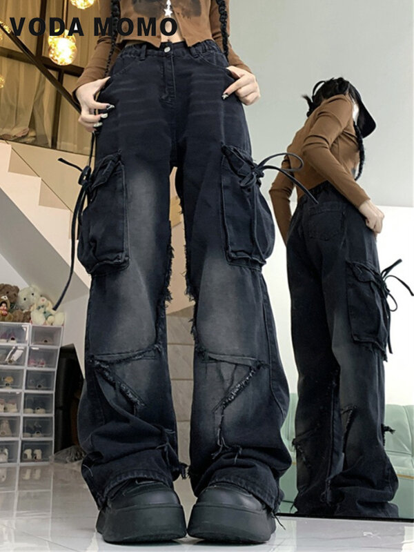 Calça jeans de cintura alta feminina, jeans cargo, folgadas, retrô, estética, Harajuku, básico, senso de design, moda, Y2k, estética, primavera, verão