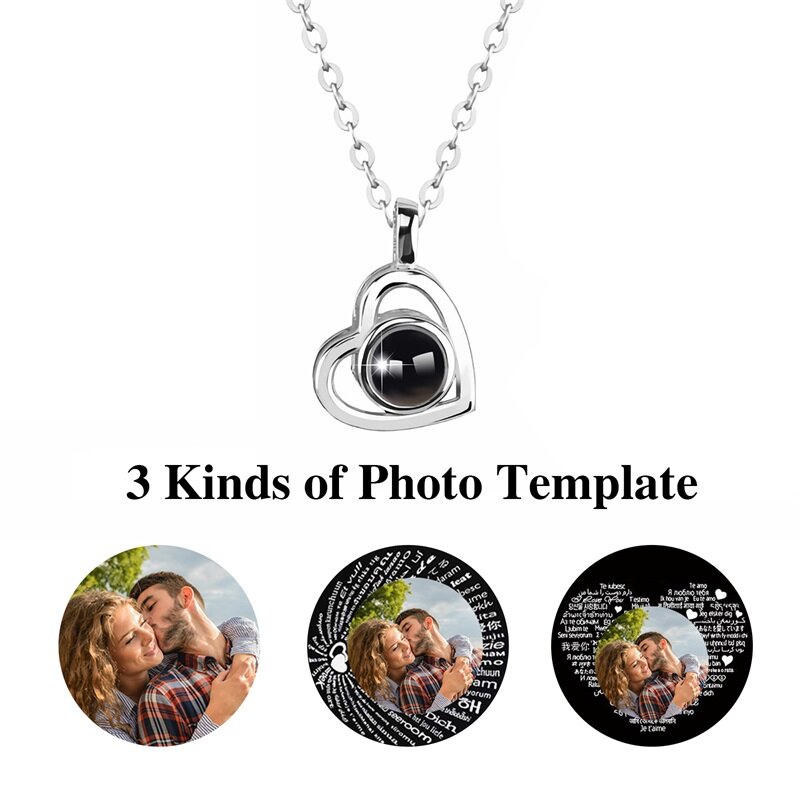 Custom Photo Projection Necklace with Picture Inside I Love You Necklace 100 Languages Personalized Heart Pendant Necklace Gift