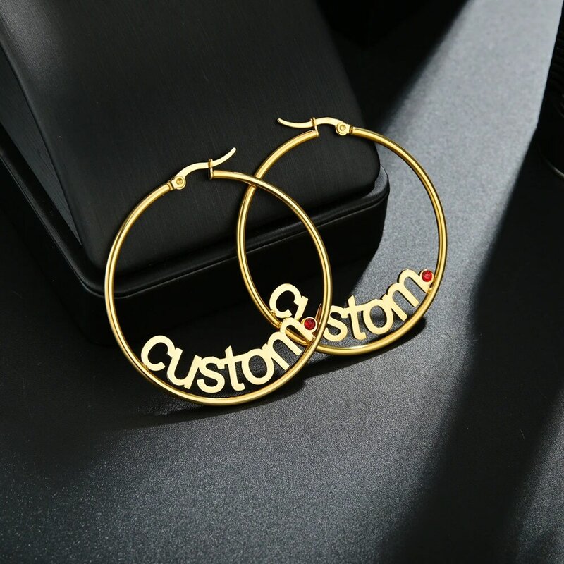 Sifisrri-Brinco de aço inoxidável personalizado para mulheres, nome personalizado, círculo do coração, brinco de argola, presente da jóia, moda tendência, 50mm