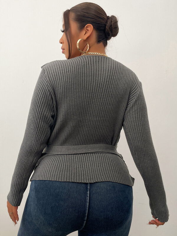 ONELINK-suéter de talla grande para mujer, jersey con cinturón gris, cuello en V, cuello de hoja de loto, Top envolvente, tejido de gran tamaño, otoño e invierno, 2022