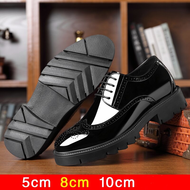 Luxury Men Brogues Patent Leather Elevator Shoes Man Height Increase Insole 8cm/10cm Black Formal Business Wedding Men Shoes New