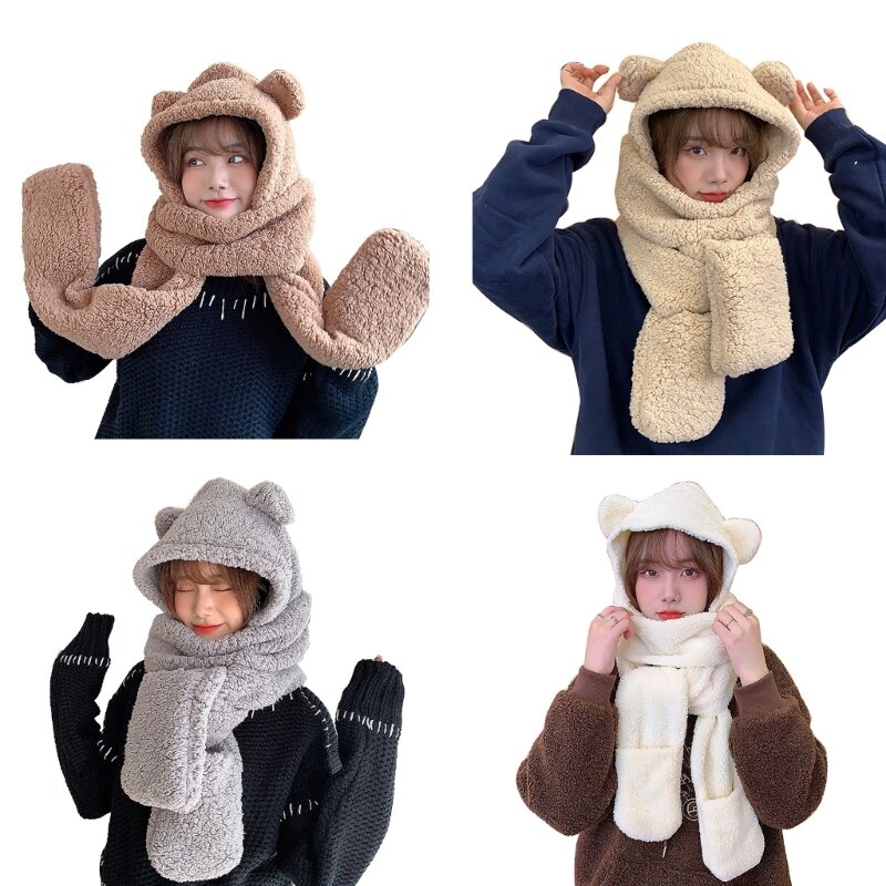 M2EA Модные женские плюшевые шапки перчатки шарф 3 в 1 костюм мультяшный медведь в форме уха теплые шапки шапка для взрослых зимняя шапка для подростков