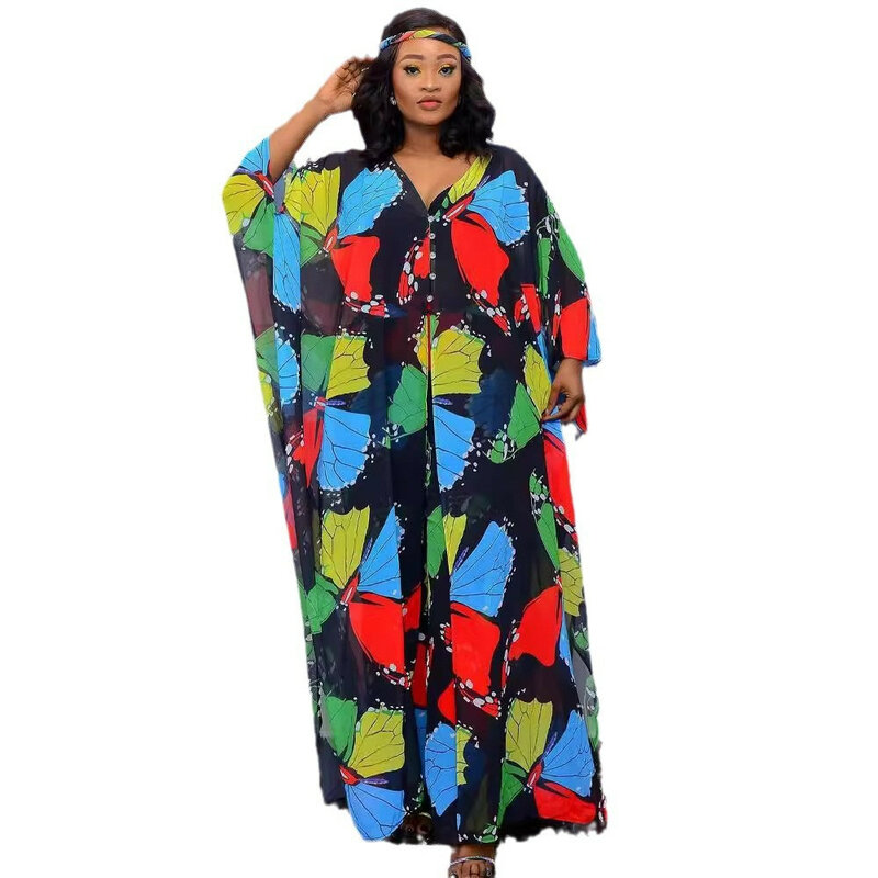 Vestido de impressão digital chiffon com calças para mulheres, África e conjunto de moda europeu, plus size, 2342-3