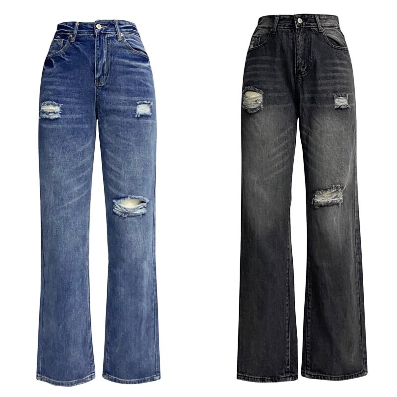 Jeans azul reto feminino, calça jeans longa, calça casual solta Y2K de cintura alta, streetwear primavera e outono
