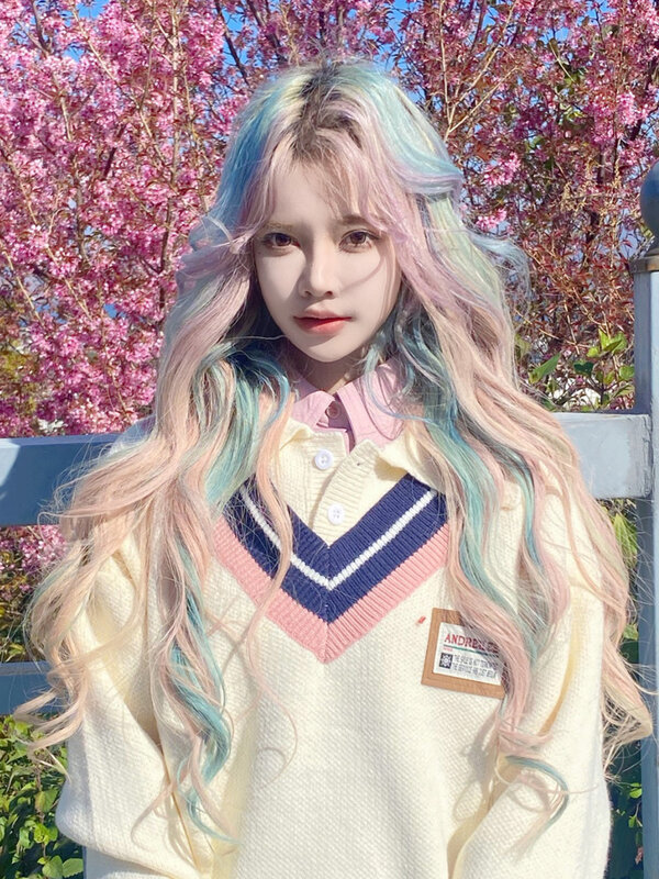 Cos Rainbow Wig Paris Painting Dyed Female Full-Head Baby Blue and Green Highlight Color Gradient Lolita Long Curly Hair
