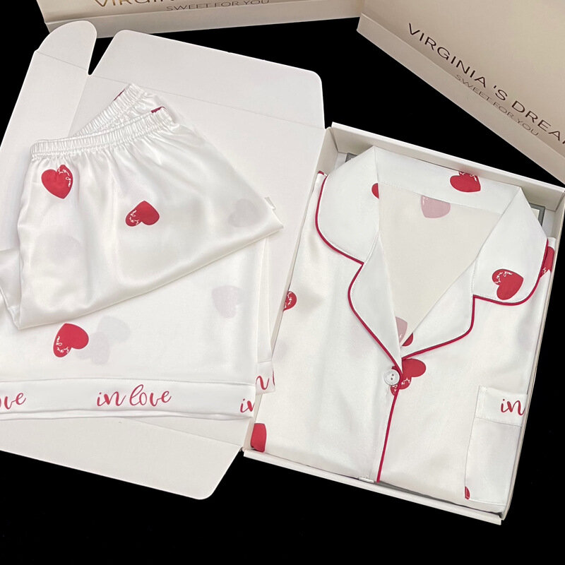Conjuntos de pijamas com estampa de coração de 2 peças para mulheres, seda falsa, cetim, botões pijamas, manga curta, homewear, verão