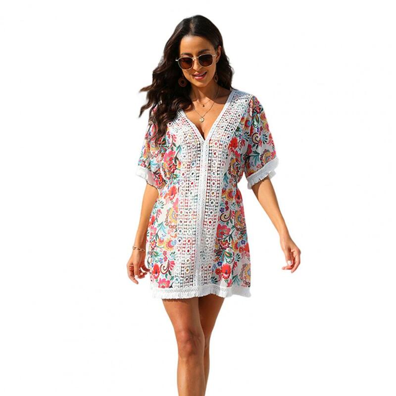 Swim Cover-up Colorful Flower Print Lace Bat Sleeves Tassel Sun Protection Anti-uv Holiday Swimsuit Cover-up for Women V Neck