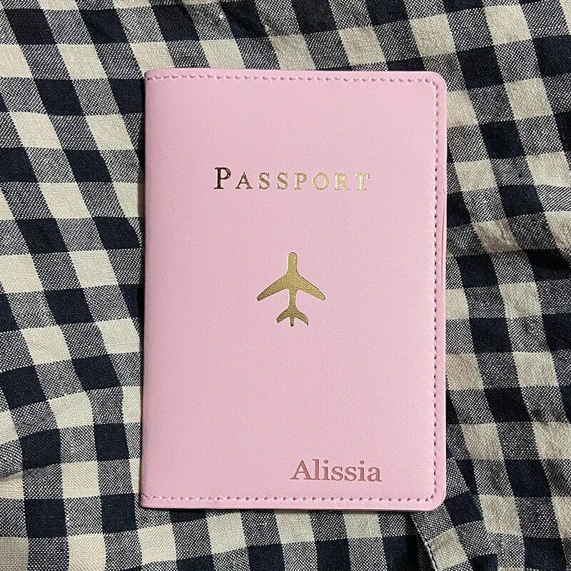 パーソナライズされたPUレザーパスポートカバー,旅行用,財布,名前
