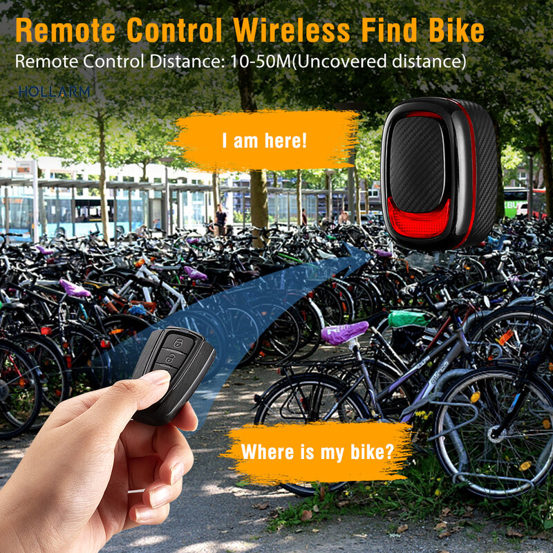 Hollarm – feu arrière pour vélo, alarme anti-cambriolage, charge USB, capteur de freinage automatique intelligent, télécommande, lampe de vélo étanche