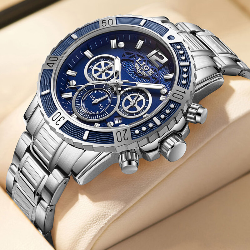 Lige นาฬิกาธุรกิจสำหรับผู้ชายนาฬิกาข้อมือควอตซ์สแตนเลสกันน้ำโครโนกราฟนาฬิกาข้อมือกีฬาเรืองแสง reloj hombre