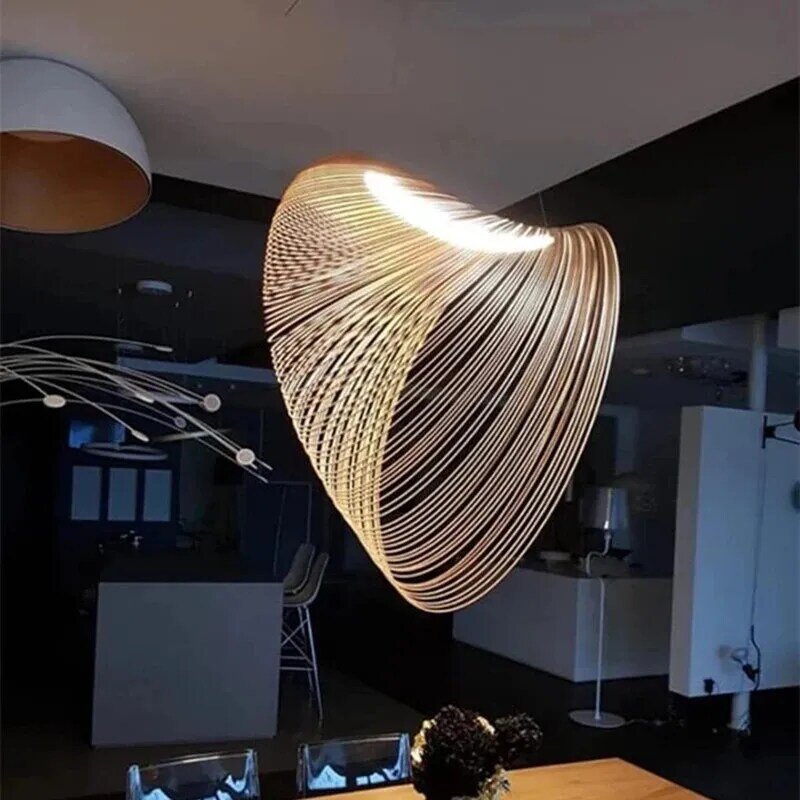 Lampu gantung kayu Led Modern, pencahayaan seni dekorasi kreatif lampu desainer ruang tamu ruang makan dapur lampu liontin bambu