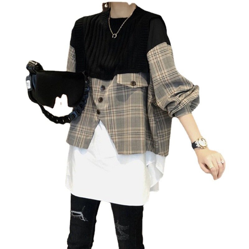여성용 O넥 모직 스웨터, 패치워크 두꺼운 격자 무늬, 다용도 긴팔 니트 풀오버, 한국 가을 겨울