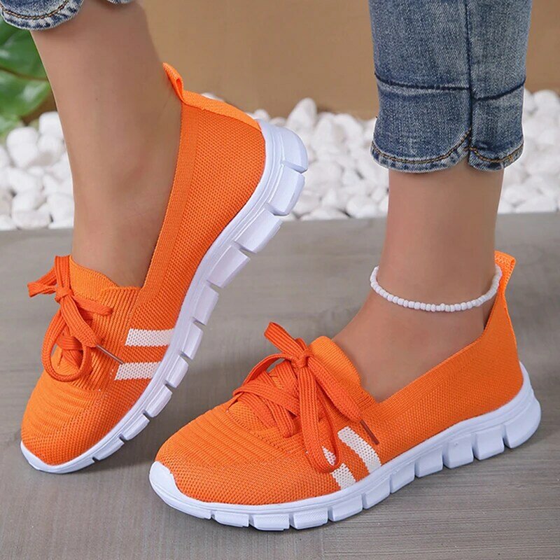 Mesh Knitted Striped Flats Shoes for Women 2024 Summer Lace Up Casual Sneakers Woman Breathable Soft Sole Loafers Plus Size 43