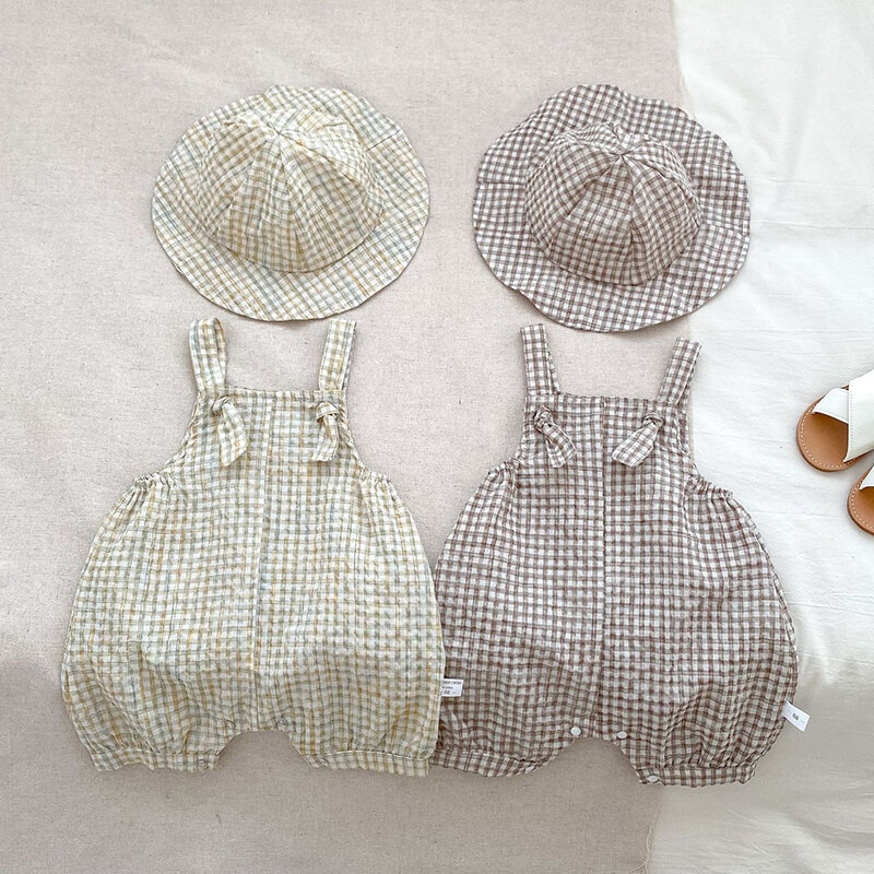 2024 New Summer Infant Baby Boys Clothing Set Short Sleeved Cotton T-shirt+Sleeveless Lattice Jumpsuit+Hat Children Clothes Suit