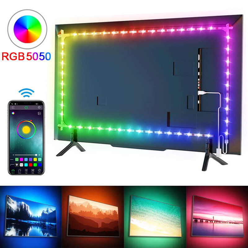RGB LEDストリップライト,Bluetoothアプリコントロール,フレキシブルテープ,TVバックライト用USB充電器,家庭用装飾,5V,5050