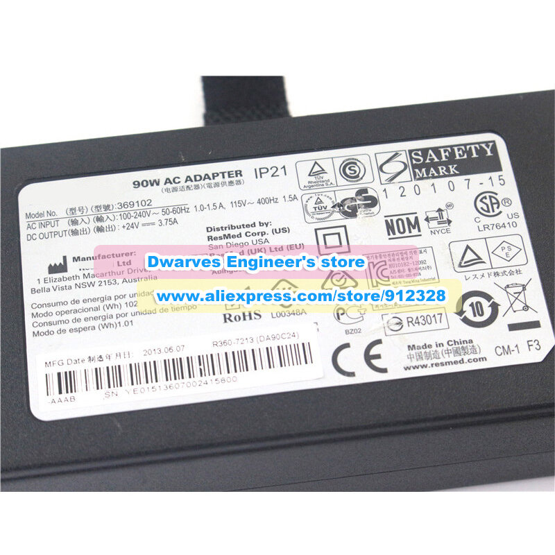 Adattatore ca originale da 90W ReSmed 369102 IP21 24V 3.75A per caricabatterie per macchine CPAP Resmed serie S9