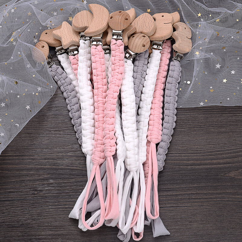 Simple Crochet Cotton Cloth Baby Pacifier Chain Moon Heart Beech Wood Clip For Handmade Baby Nipple Soother Chain Teething Toy