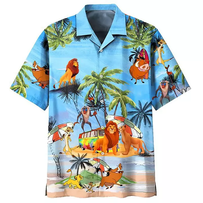 Гавайская рубашка с коротким рукавом для мужчин, Повседневная пляжная сорочка на пуговицах, с принтом Дисней, Король Лев, Симба, летняя