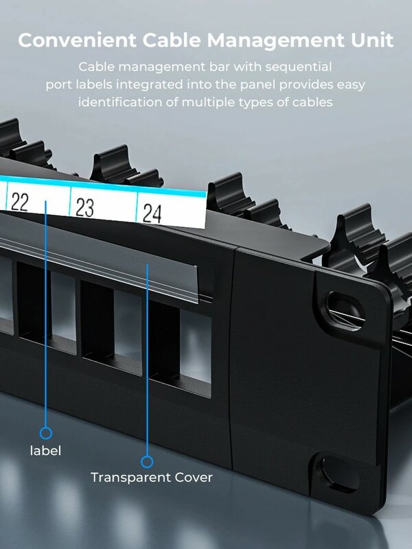 WoeoW Panel de parche en blanco de 24 puertos UTP con barra de gestión de Cable trasero ajustable para RJ45 CAT5e, CAT6, CAT6A, USB, HDMI
