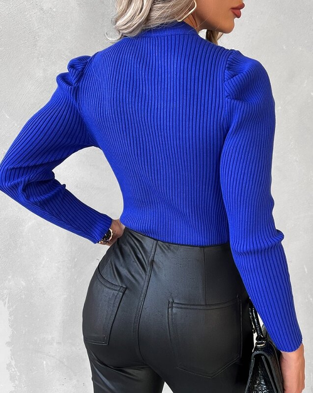 Sweater modis wanita, atasan Pullover serbaguna, Sweater kurus rajut bermanik berlian imitasi leher lubang kunci lengan panjang kasual musim gugur 2023